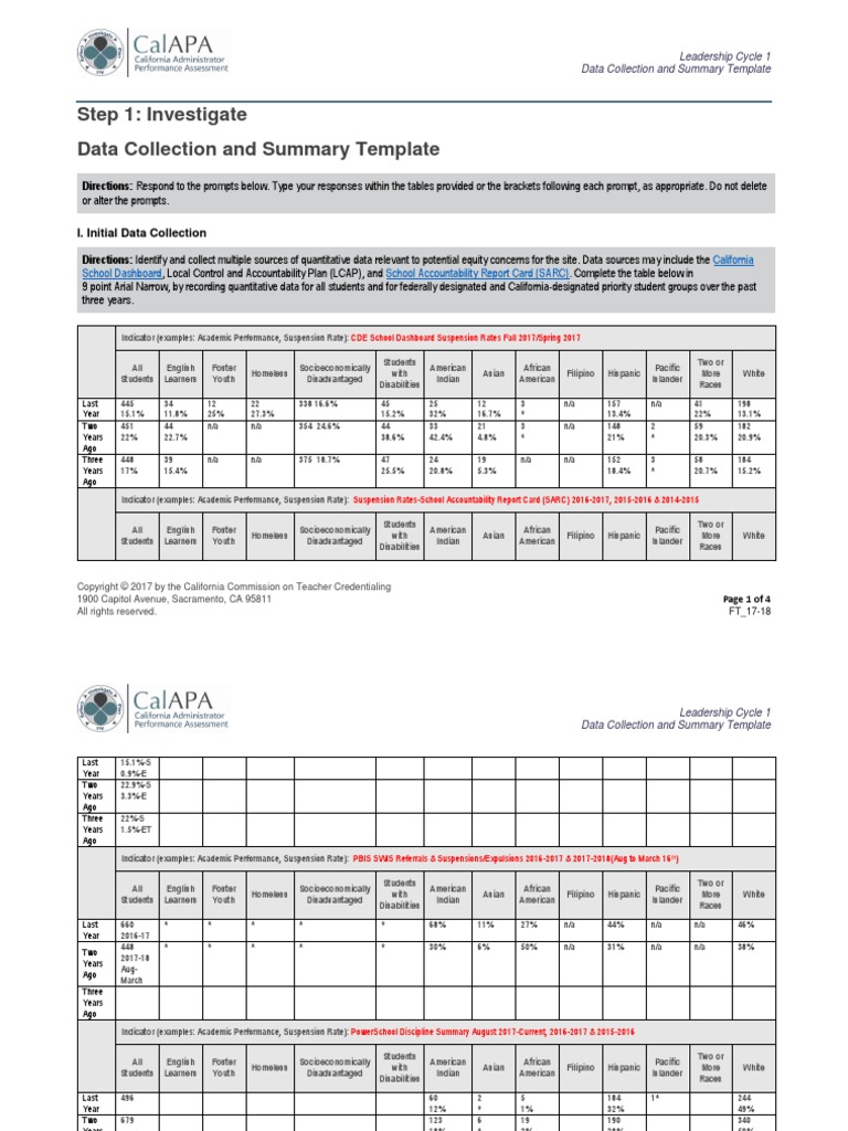 Calapa c1 s1 Datacollectionsummary | PDF | Race And Ethnicity In The ...