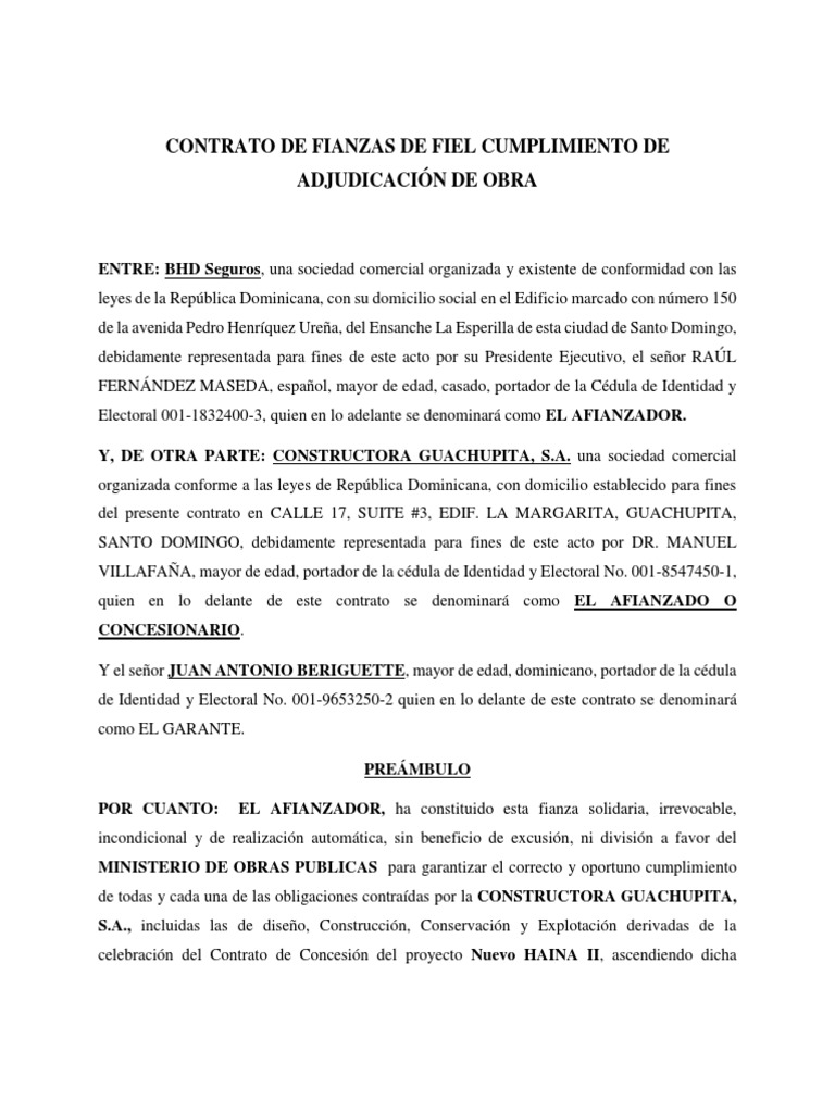 Contrato de Fianzas de Fiel Cumplimiento de Adjudicación de Obra | PDF |  República Dominicana | Justicia