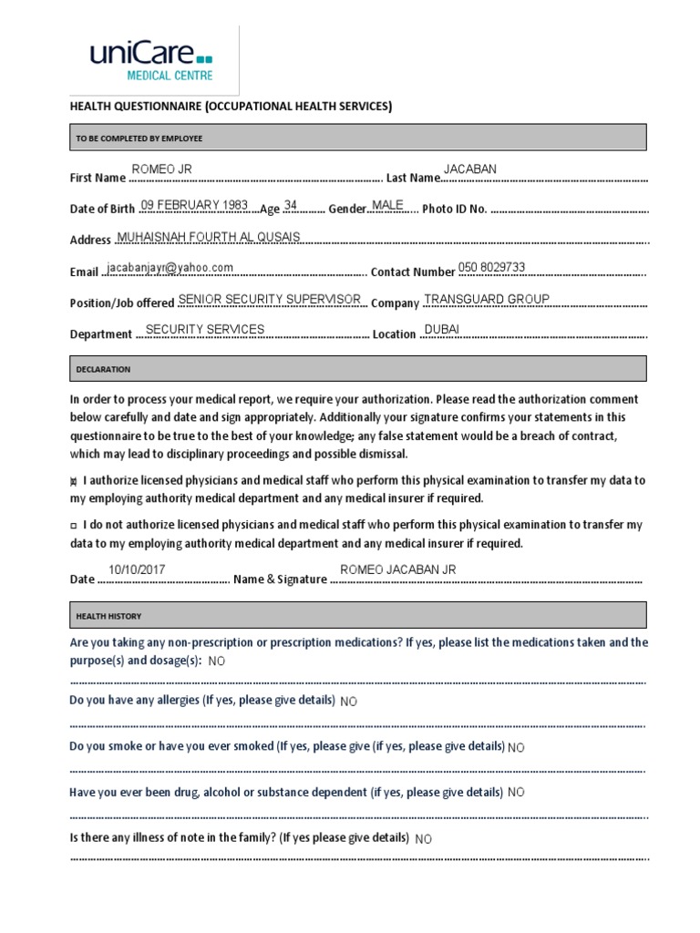 Health Questionnaire Occupational Health PDF Fatigue (Medical) Vaccines