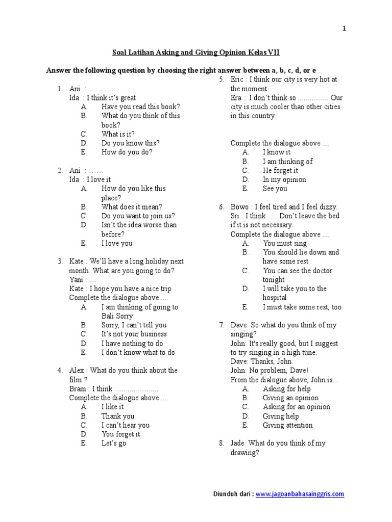 Soal Latihan Asking And Giving Opinion Kelas Vii