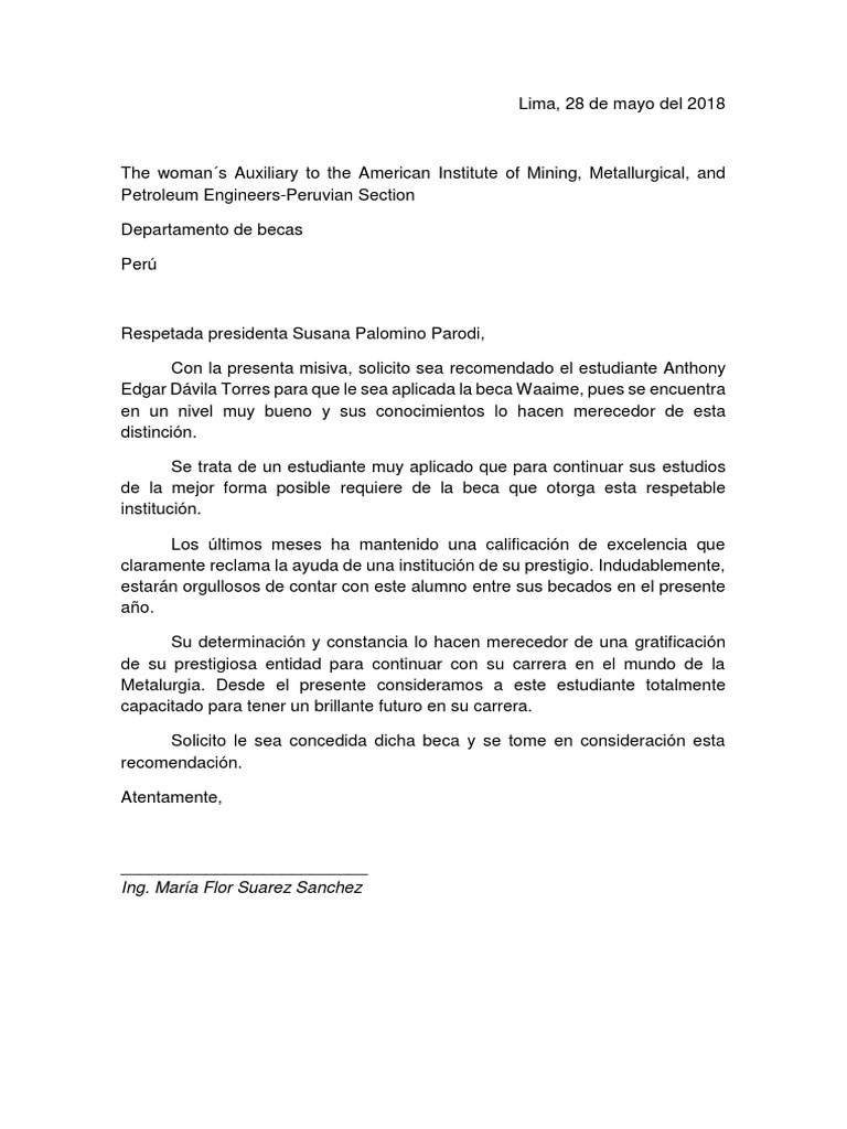 Carta de Recomendación Beca