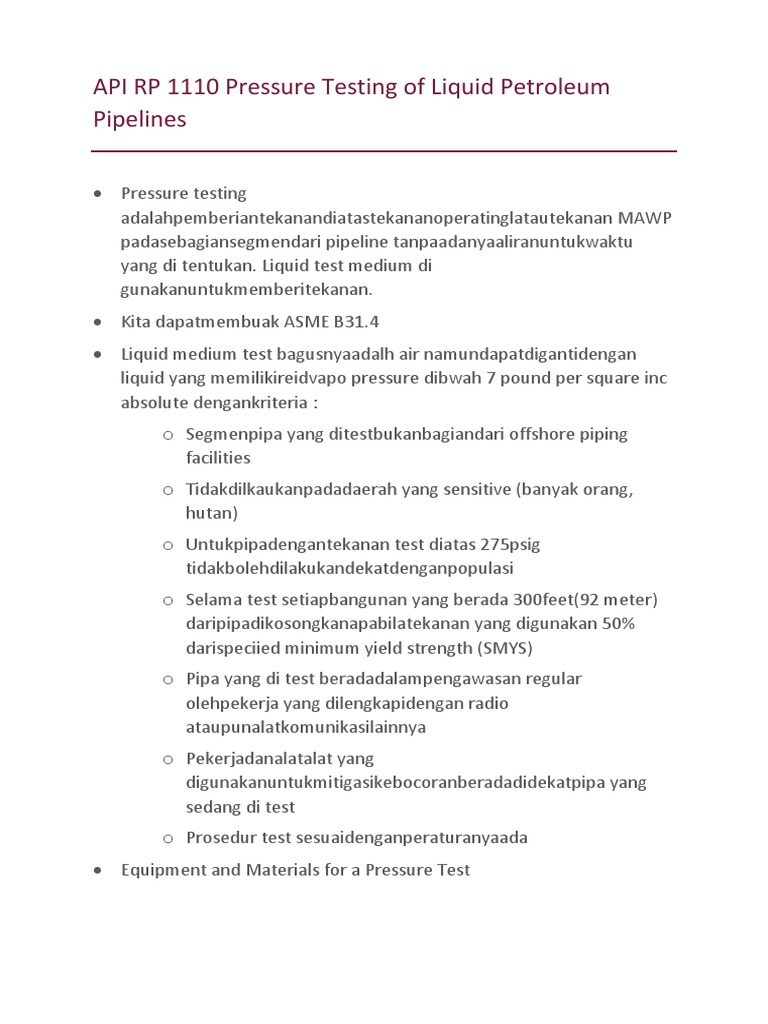 Panduan Uji Tekanan Pipa API RP 1110 | PDF | Sains & Matematika