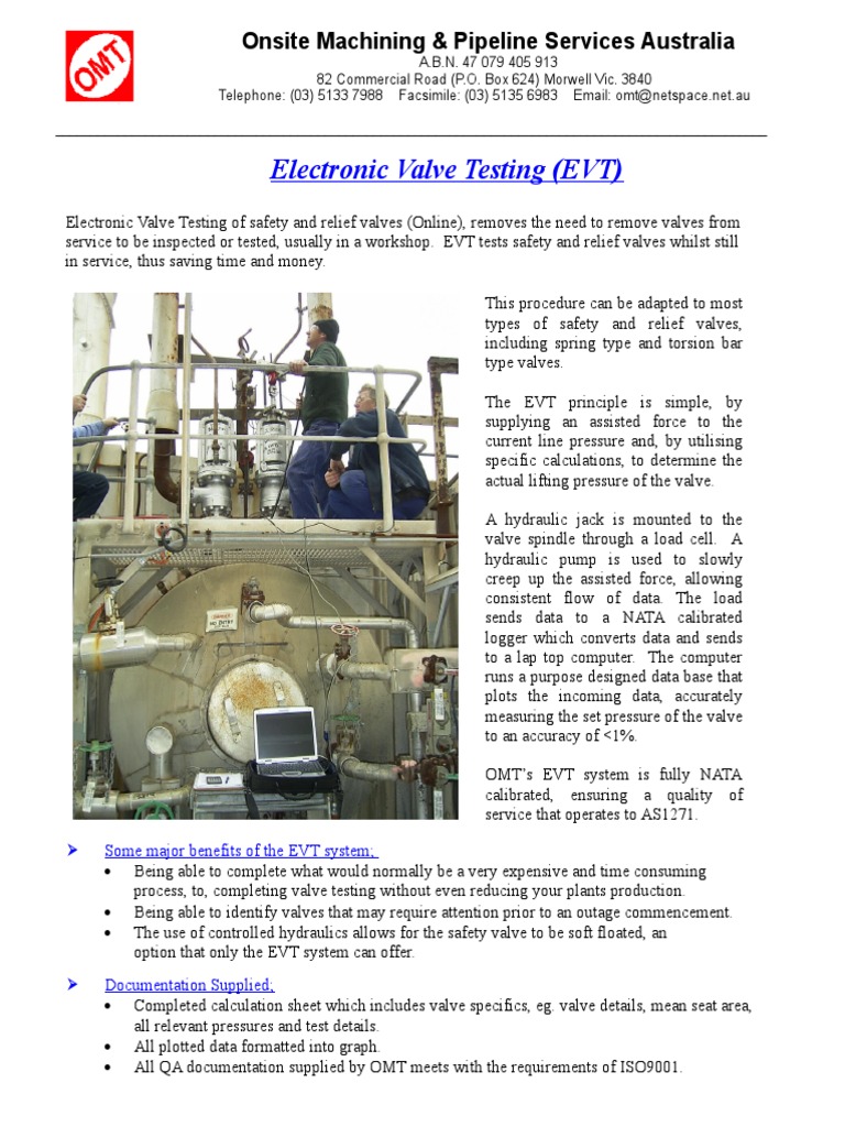 Electronic Valve Testing (EVT) Onsite Machining & Pipeline Services Australia PDF Valve