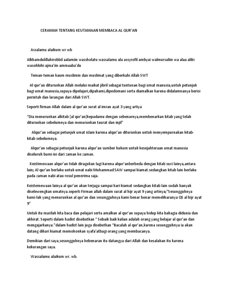 Ceramah Tentang Keutamaan Membaca Al Qur Caca