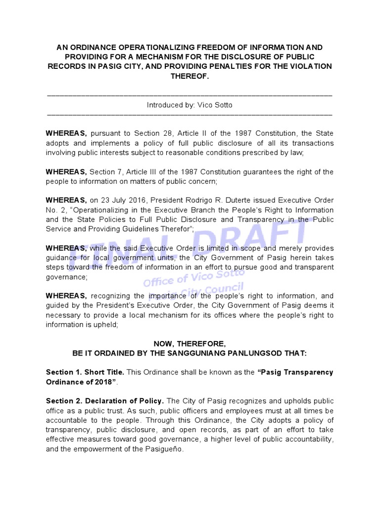 Pasig Transparency Ordinance 2018 | PDF | Freedom Of Information Laws ...