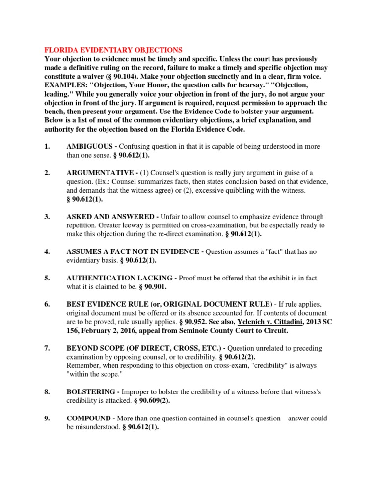 Florida Evidentiary Objections Guide | PDF | Witness | Relevance (Law)