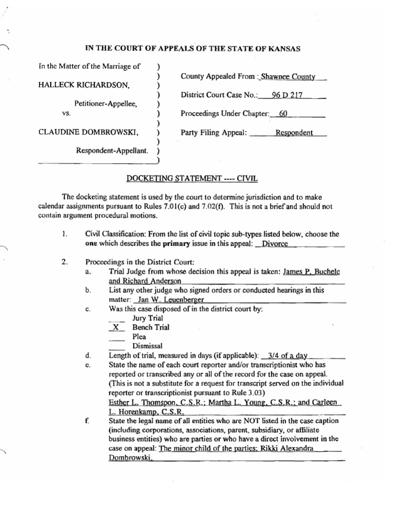 1999 9201999 Kansas Court of Appeals Docketing Statemet Dombrowski