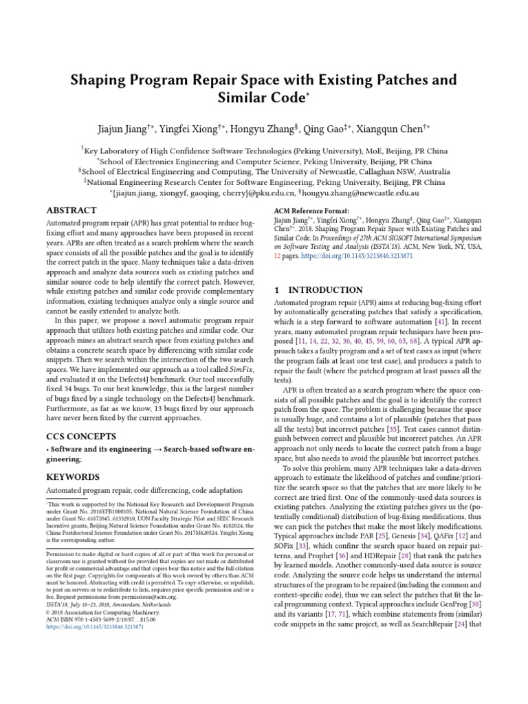 Shaping Program Repair Space With Existing Patches and Similar Code ...