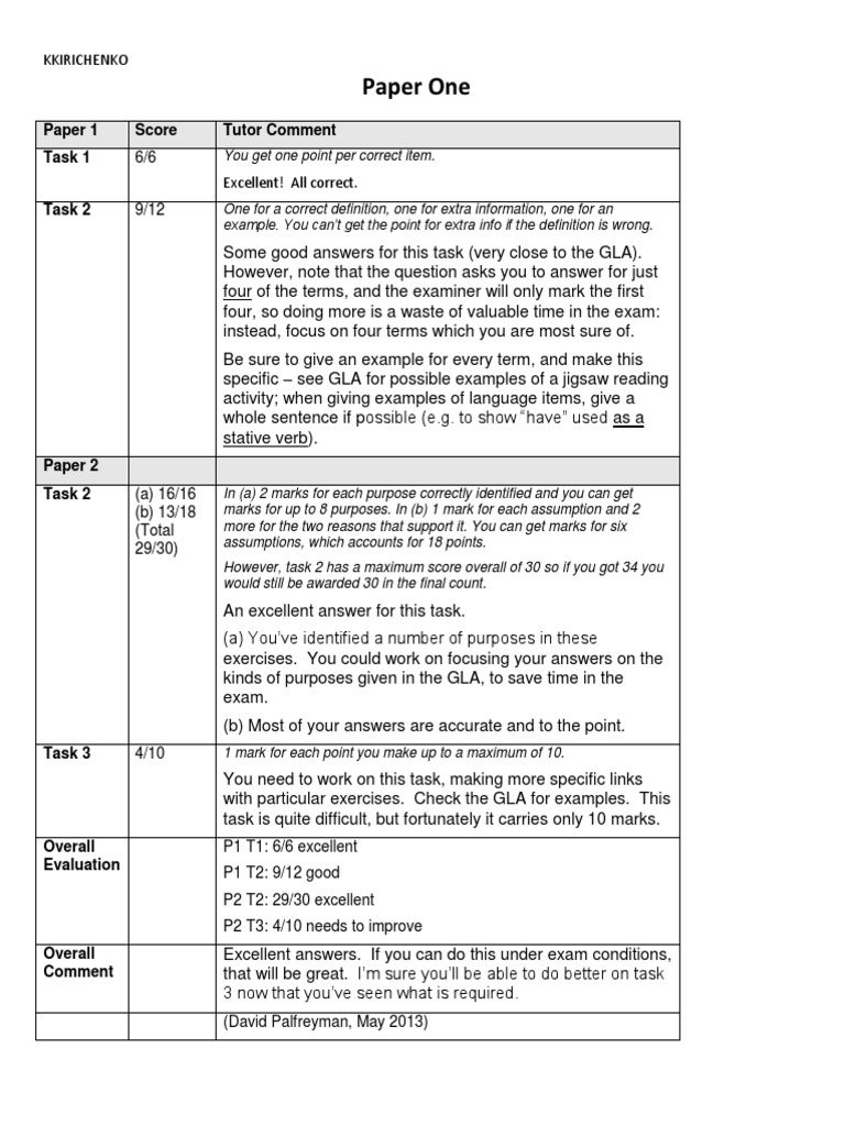 Paper One Paper 1 Score Tutor Comment Task 1 PDF Vocabulary Learning