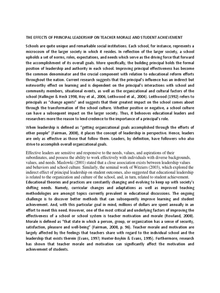 The Effects of Principal Leadership On Teacher Morale and Student ...