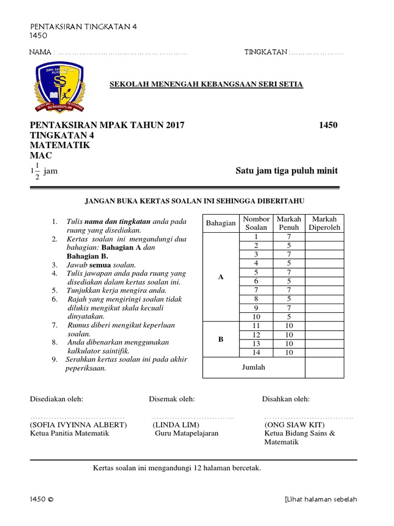 Soalan Matematik Mpak