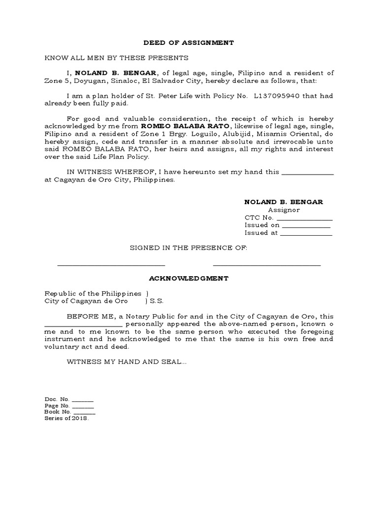 Deed of assignment pdf