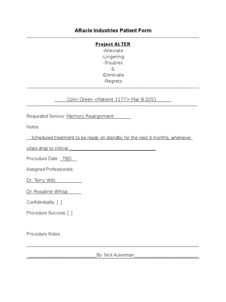 Patient Memory Realignment Form | PDF | Memory | Leisure