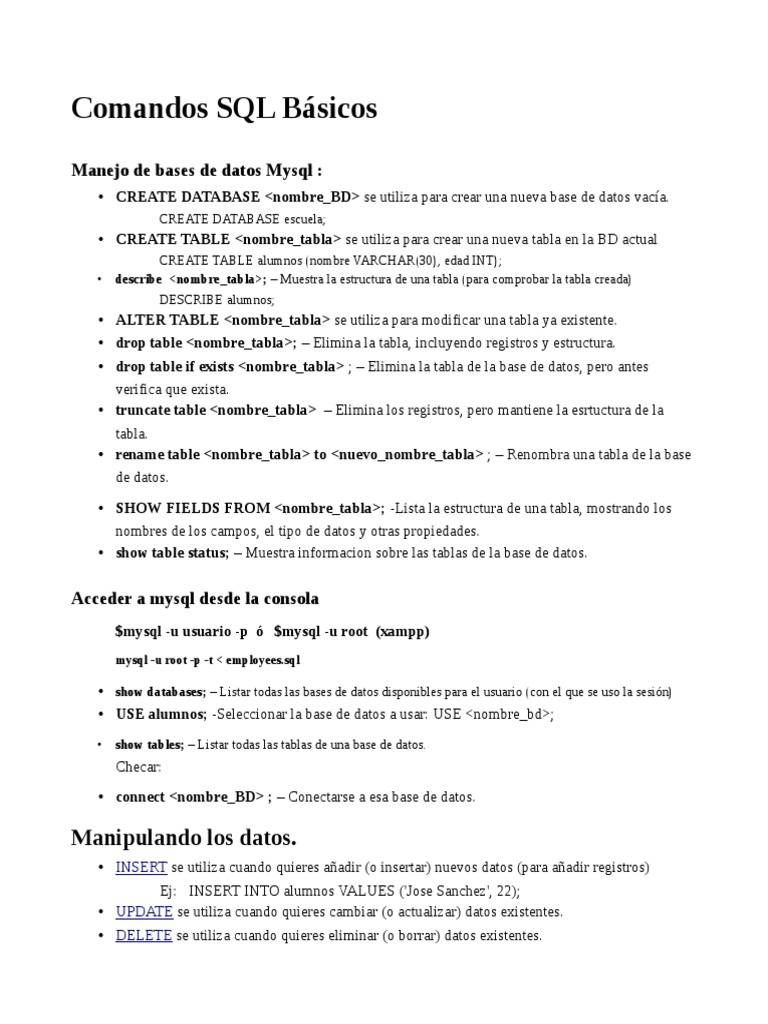 Comandos SQL Básicos en MySQL | PDF | Tabla (base de datos) | SQL