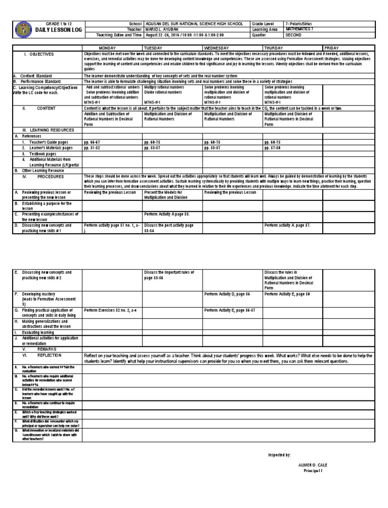 Grade 7 Math Daily Lesson Log | PDF | Multiplication | Educational ...