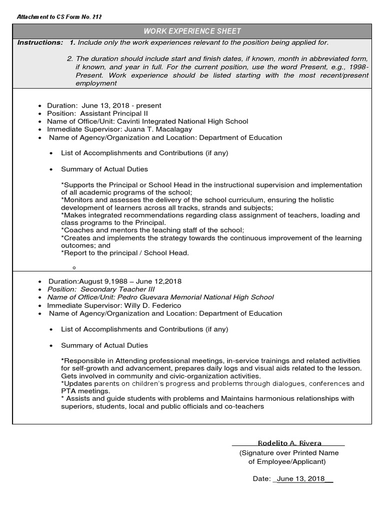 Work Experience Sheet for Teachers | PDF | Mentorship | Teachers