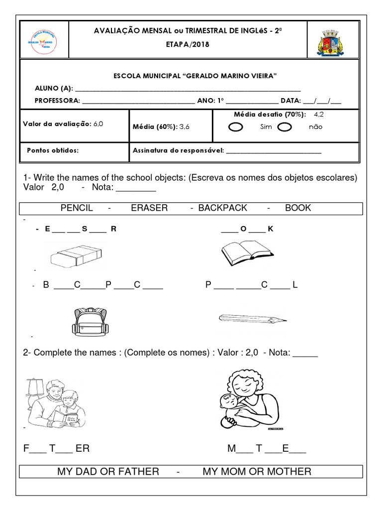 1 Ano - II Etapa - Avaliação Mensal de Inglês
