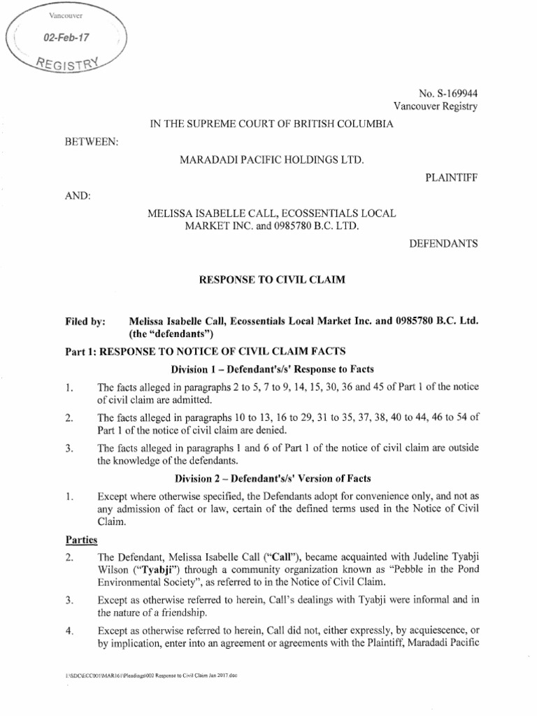 002 FILED Response To Civil Claim Feb 2 2017 | PDF | Lawsuit | Common Law