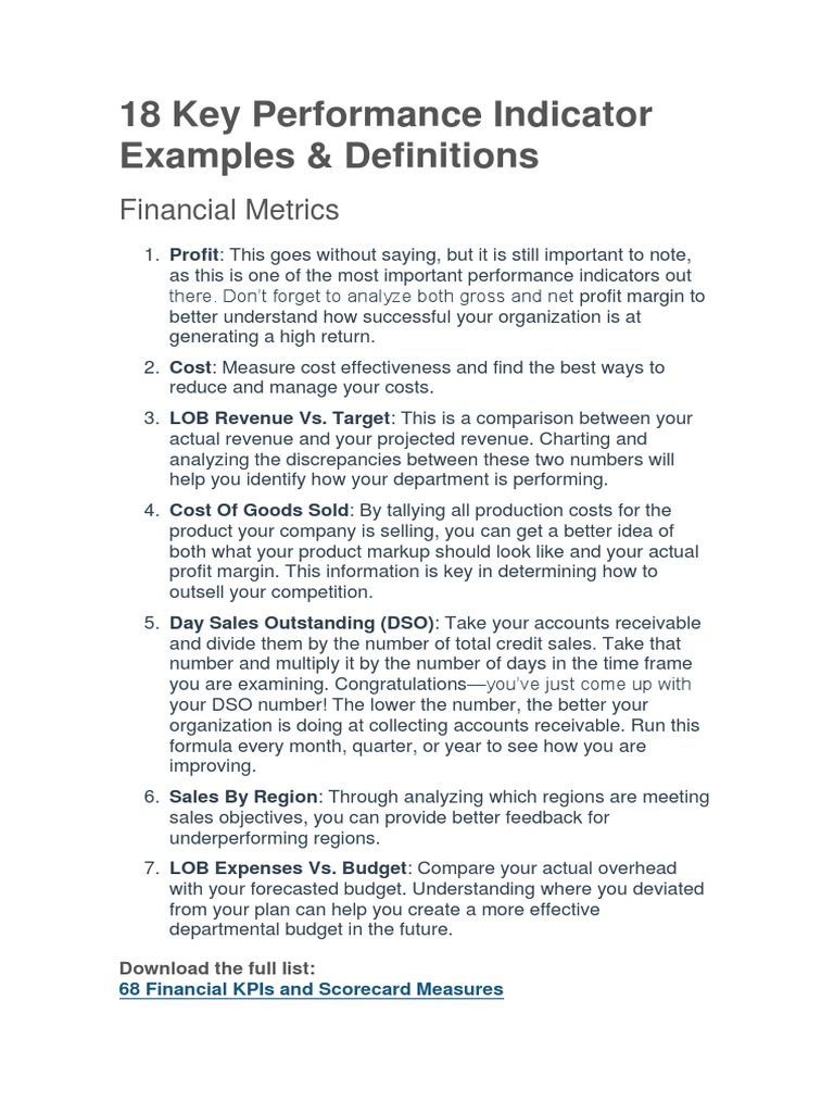 18 Key Performance Indicator Examples PDF Earnings Before Interest