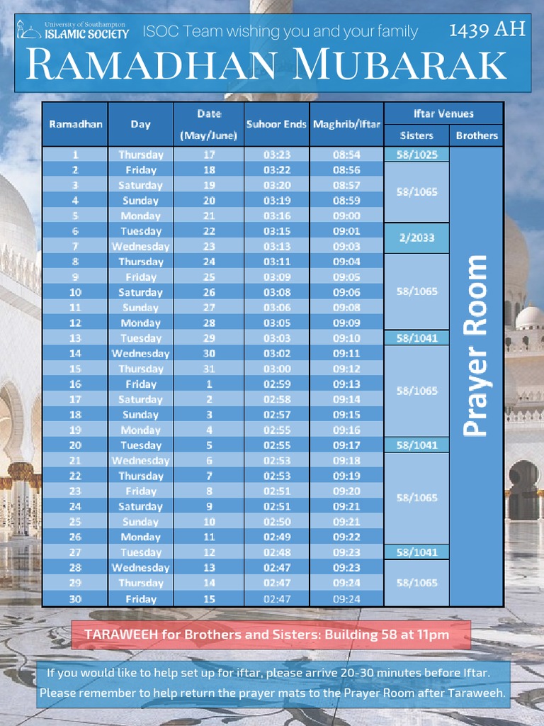 Ramadhan Mubarak Iftar and Taraweeh Info | PDF
