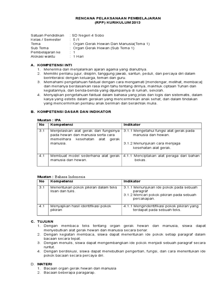 Rpp 5111 Organ Gerak Hewan