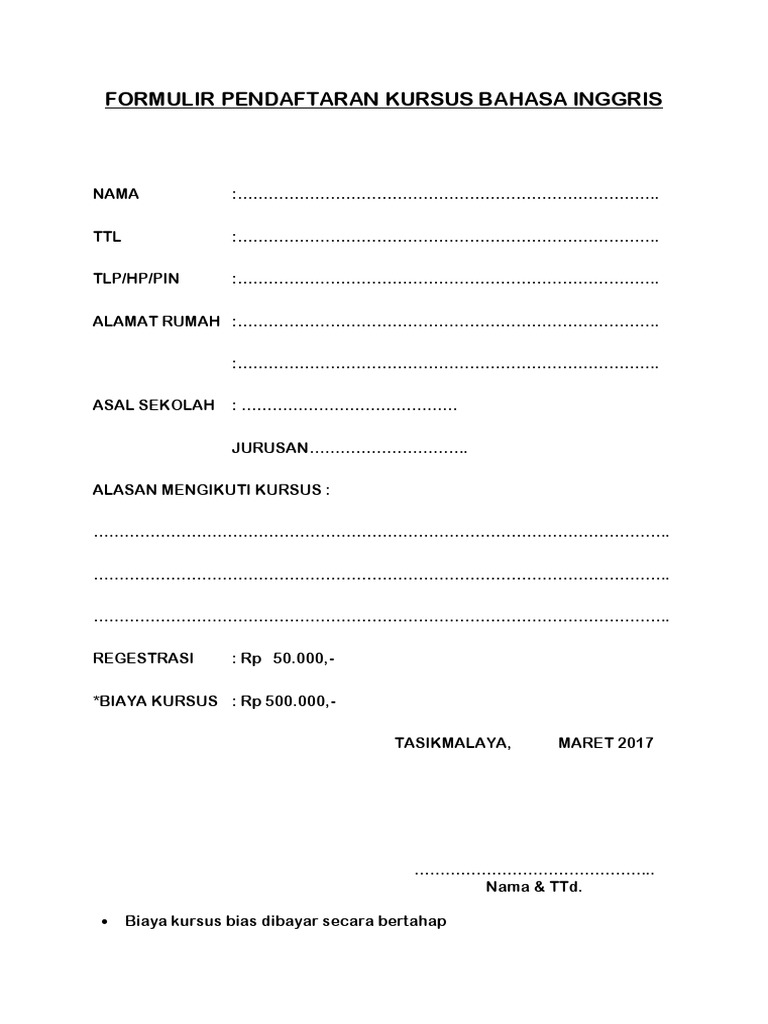 Contoh Formulir Pendaftaran Kursus Bahasa Inggris Revisi Id