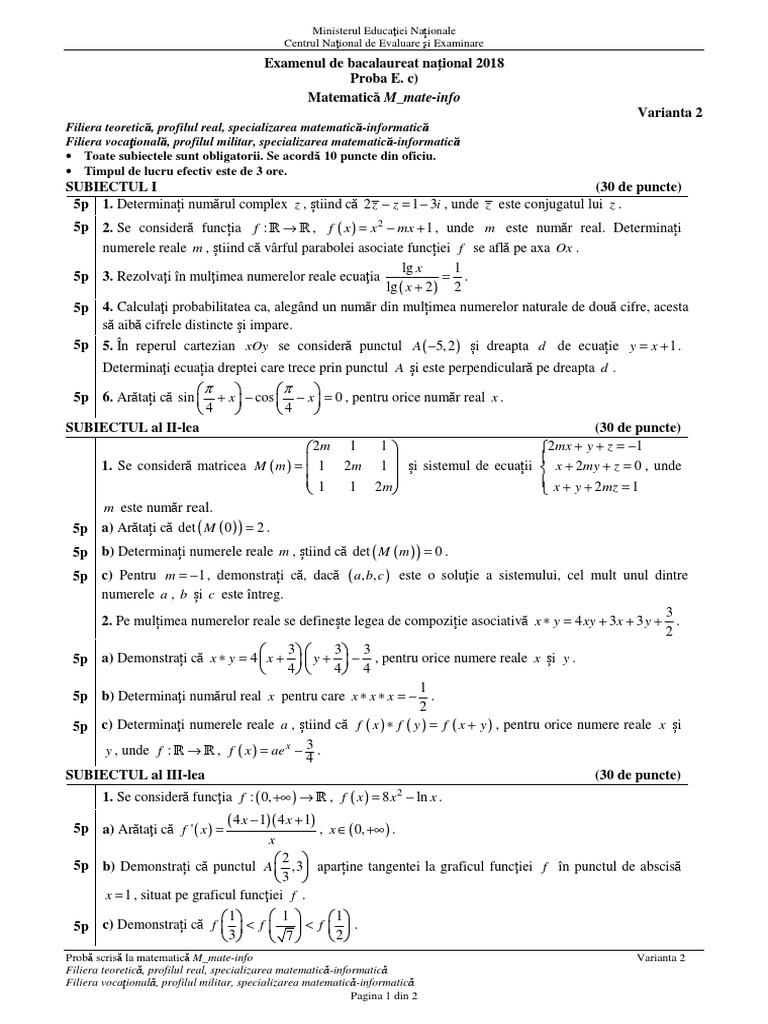 Subiecte Matematica Profil Mate-Info BAC 2018 | PDF