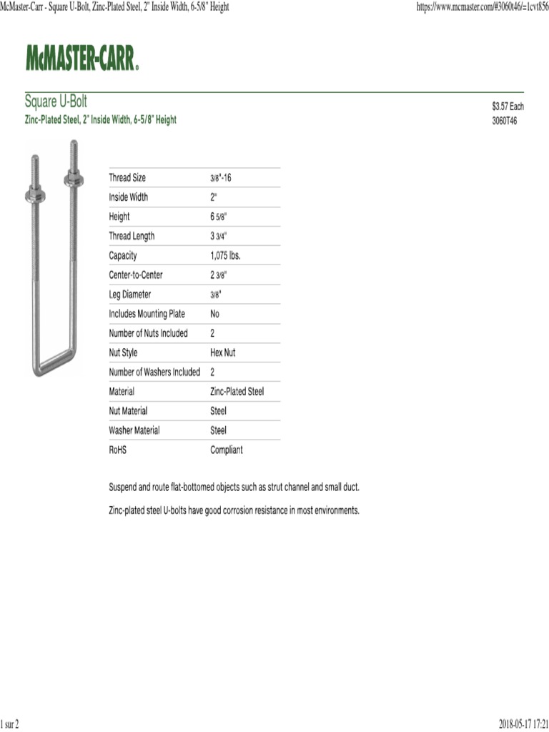 McMasterCarr Square UBolt, ZincPlated Steel, 2_ Inside Width, 65