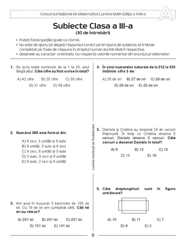 Subiecte Concurs LuminaMath Clasa A III A PDF | PDF