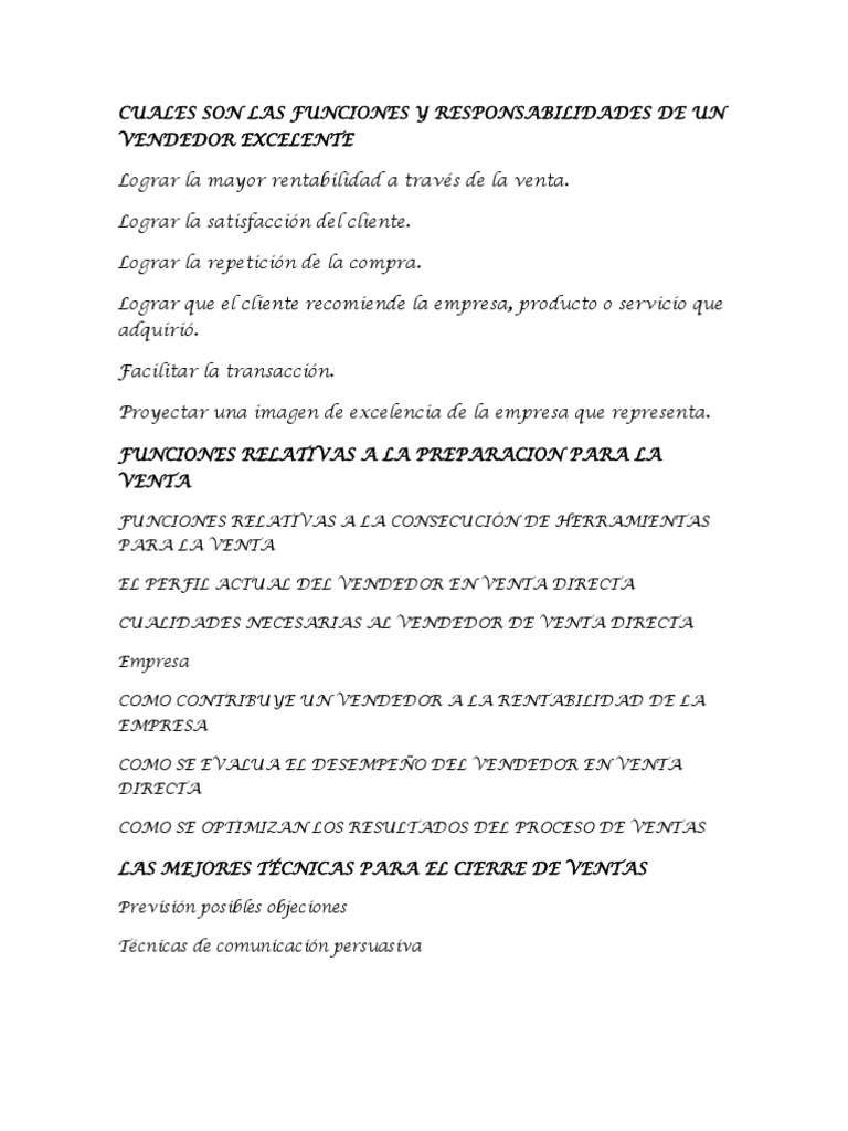Cuales Son Las Funciones y Responsabilidades de Un Vendedor Excelente | PDF