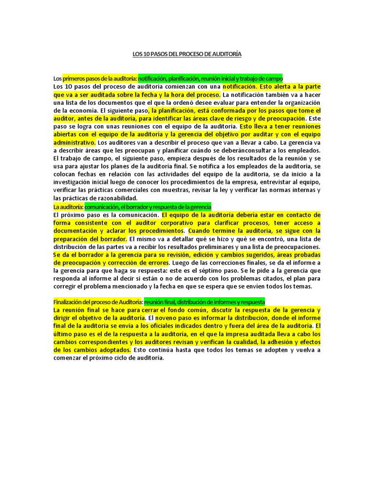 10 Pasos del Proceso de Auditoría | PDF | Auditoría | Contralor