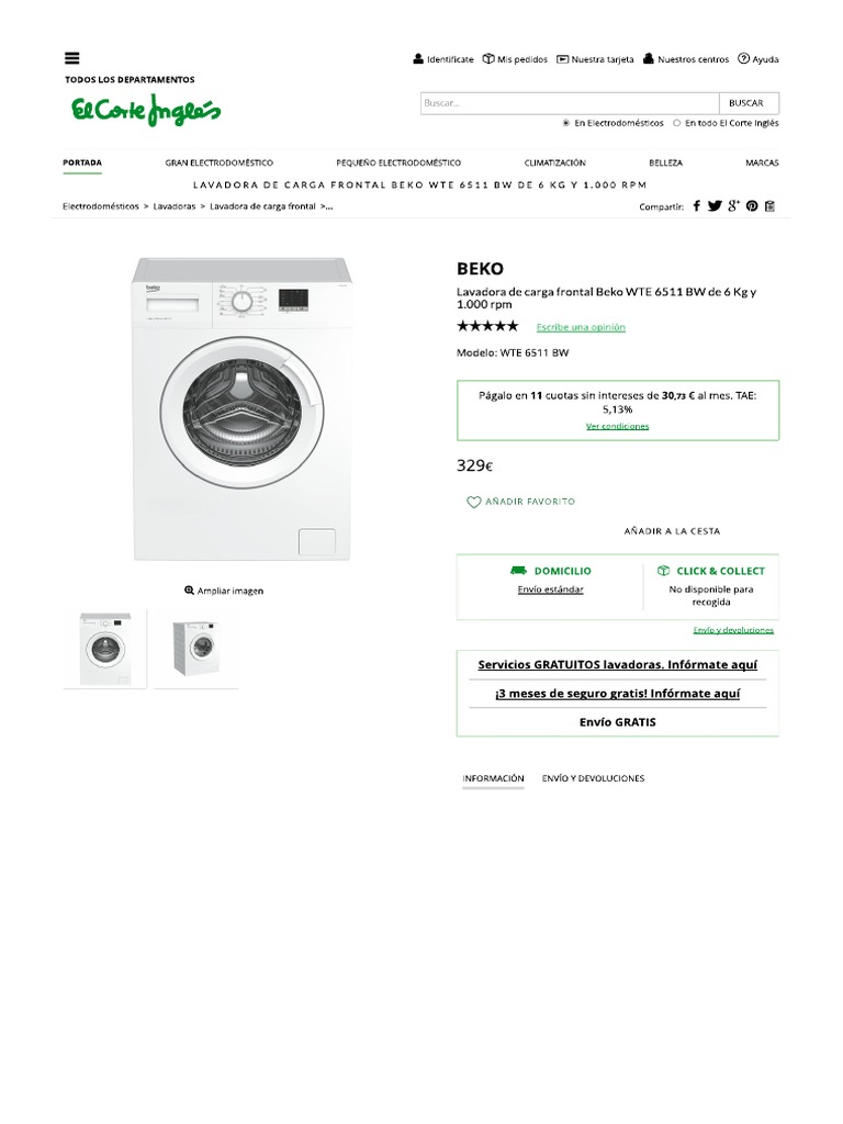 Lavadora de Carga Frontal Beko WTE 6511 BW de 6 KG | PDF | Lavadora | Agua