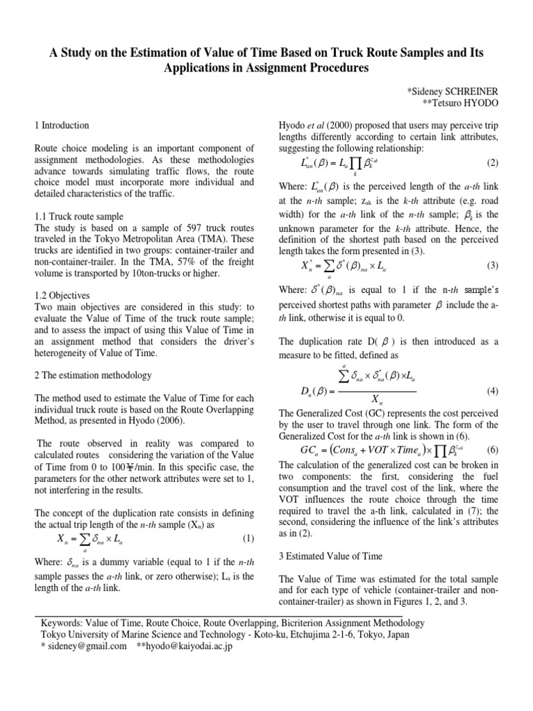 A Study On The Estimation of Value of Time Based On Truck Route Samples ...