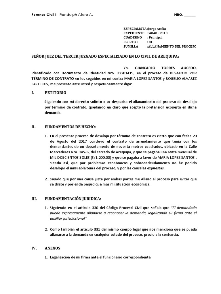 Pfc1 - Escrito Allanamiento 01 | PDF | Demanda judicial | Instituciones  sociales
