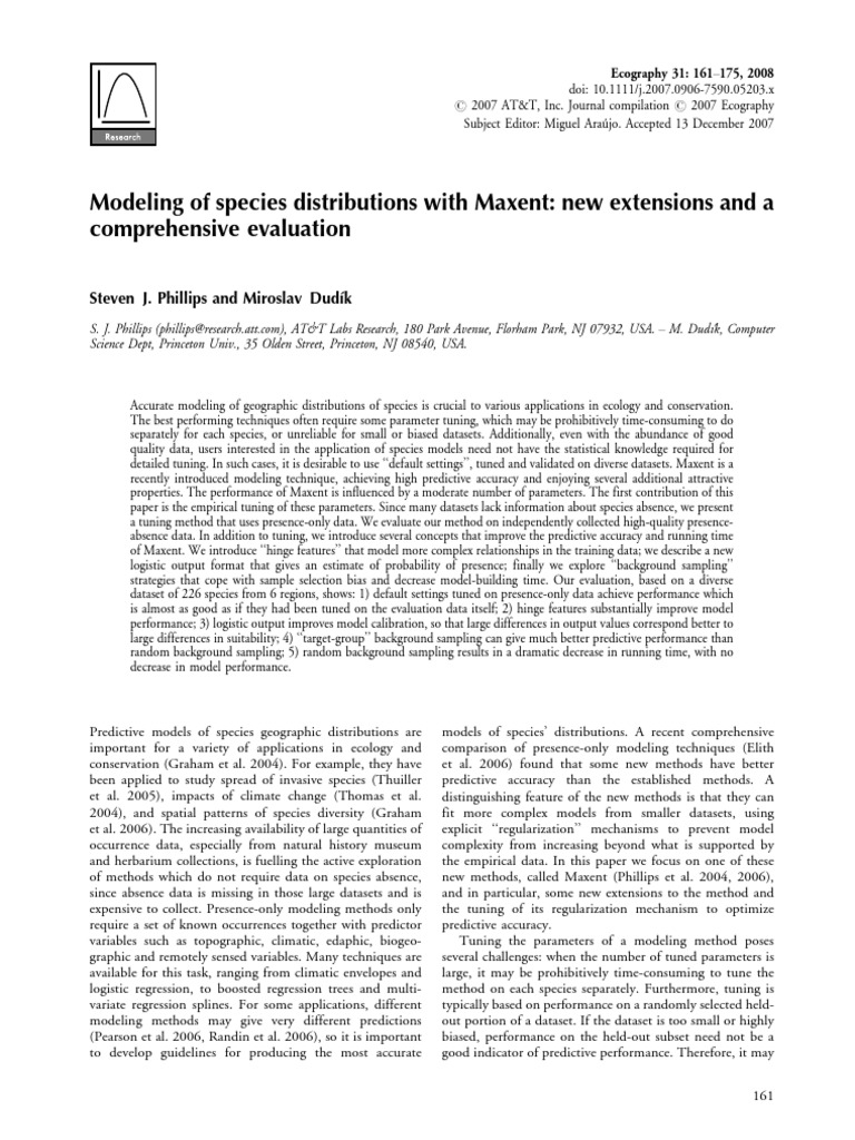 Modeling of Species Distributions With Maxent: New Extensions and A ...