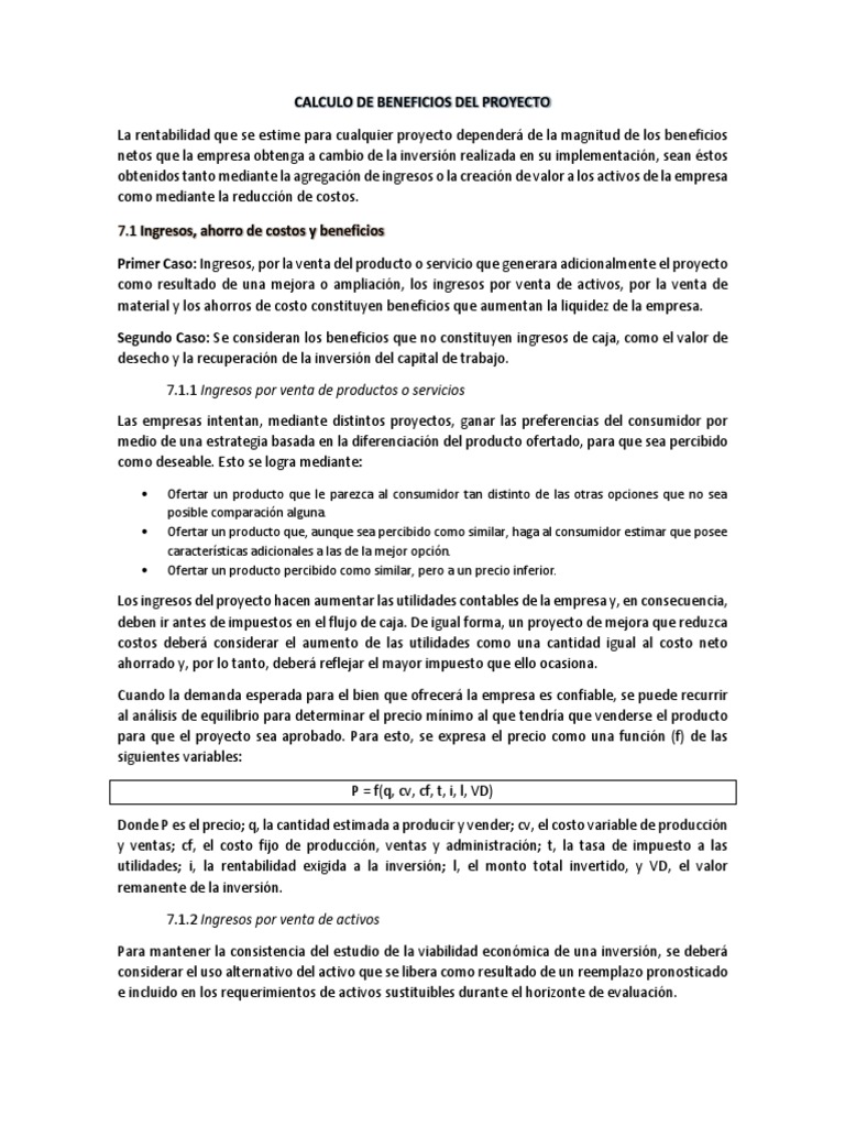 Calculo de Beneficios Del Proyecto | PDF | Beneficio (economía ...