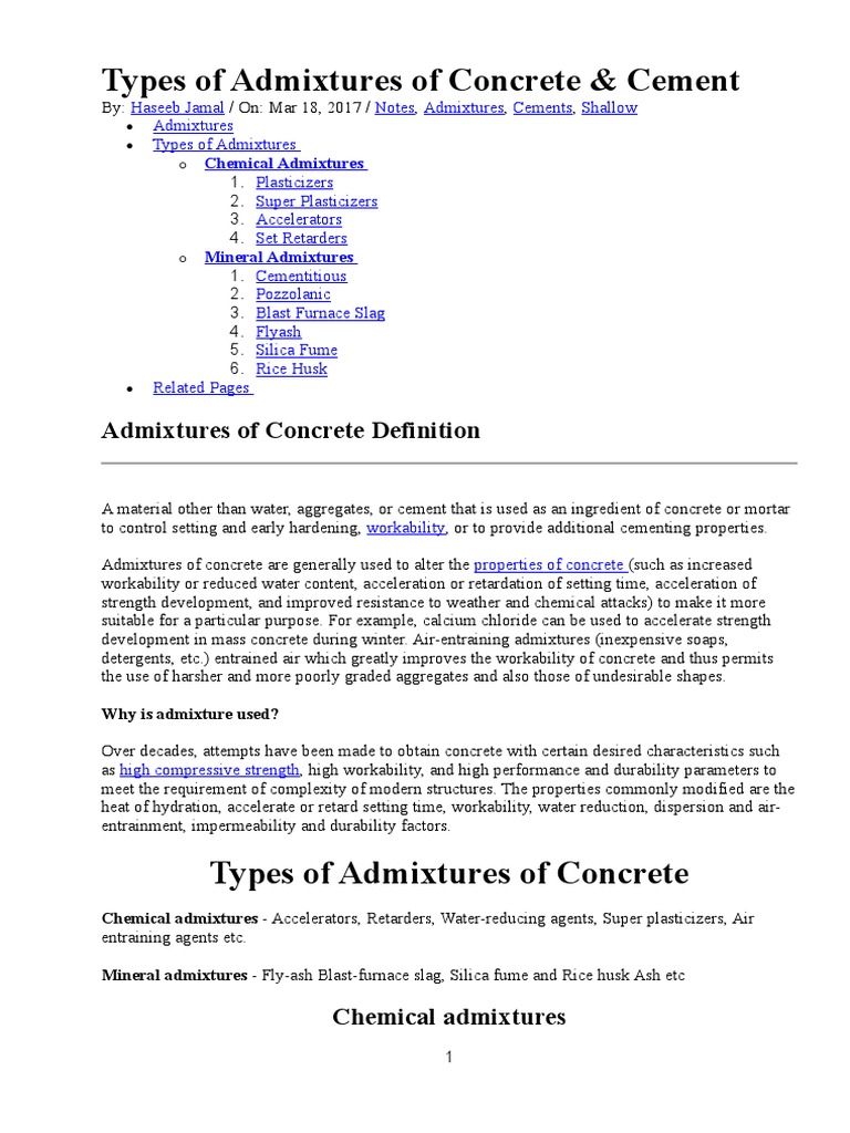 Types of Admixtures of Concrete | PDF | Fly Ash | Concrete