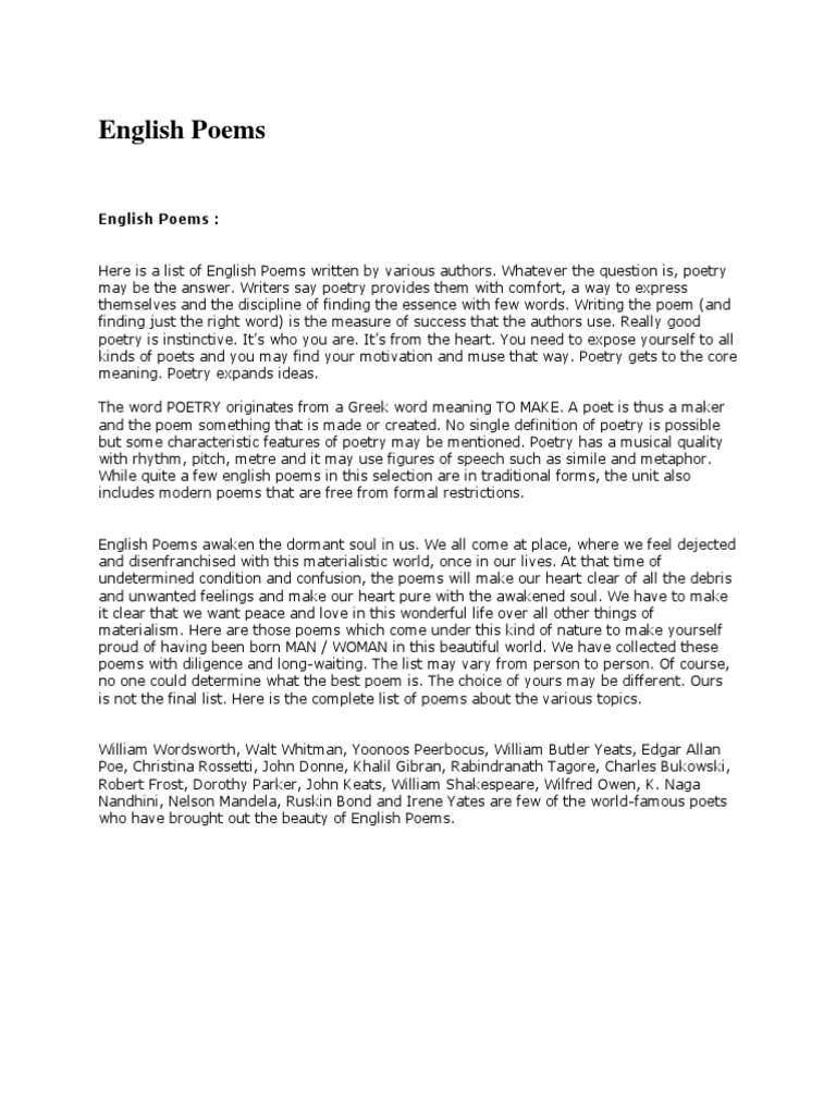 Collection of English Poems by Notable Authors | PDF | Art | Poetry