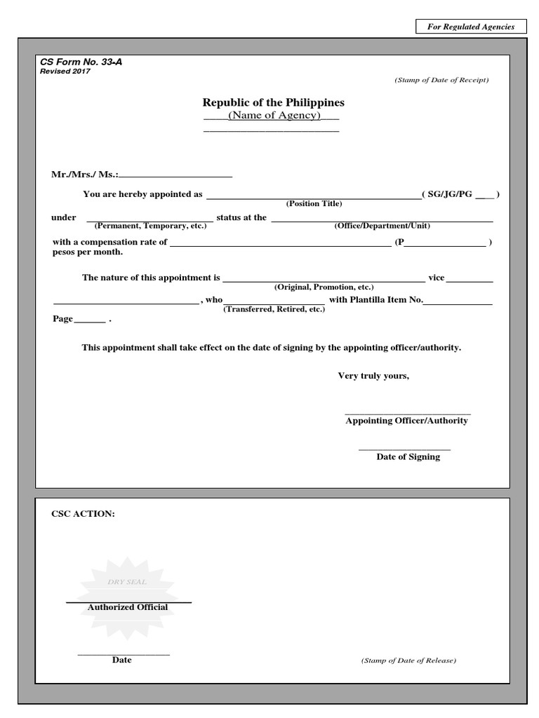 Cs form no 33 a appointment form regulated government politics