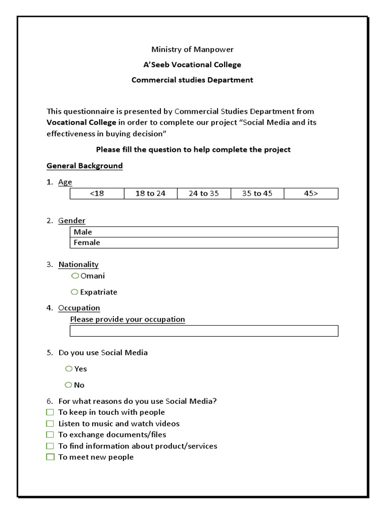 Questionnaire Digital & Social Media Social Media