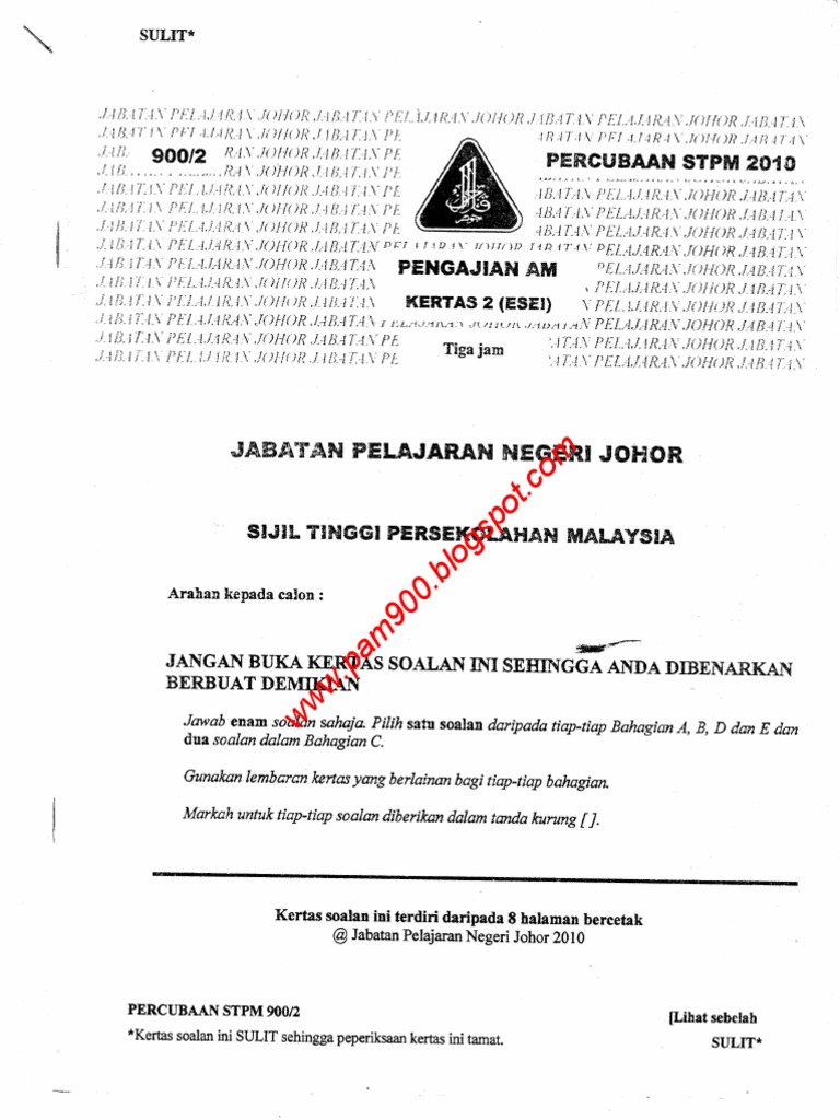 SOALAN PERCUBAAN STPM NEGERI JOHOR 2010 - PENGAJIAN AM 