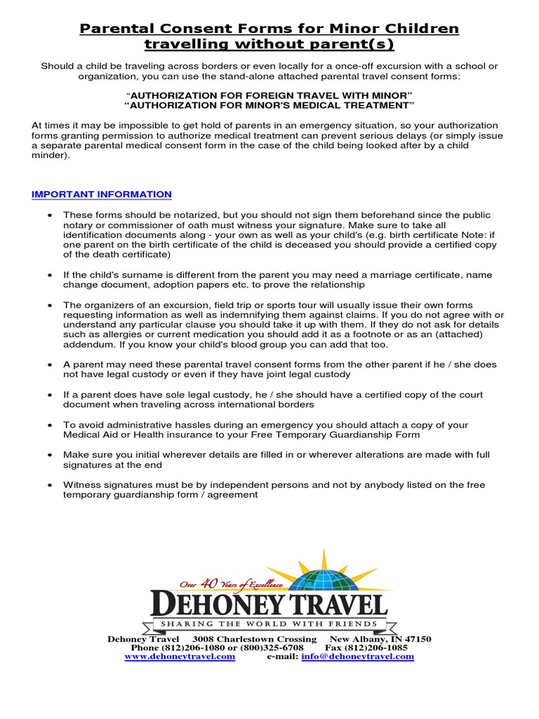 Parental Consent Forms For Minors Travelling Without Parents PDF