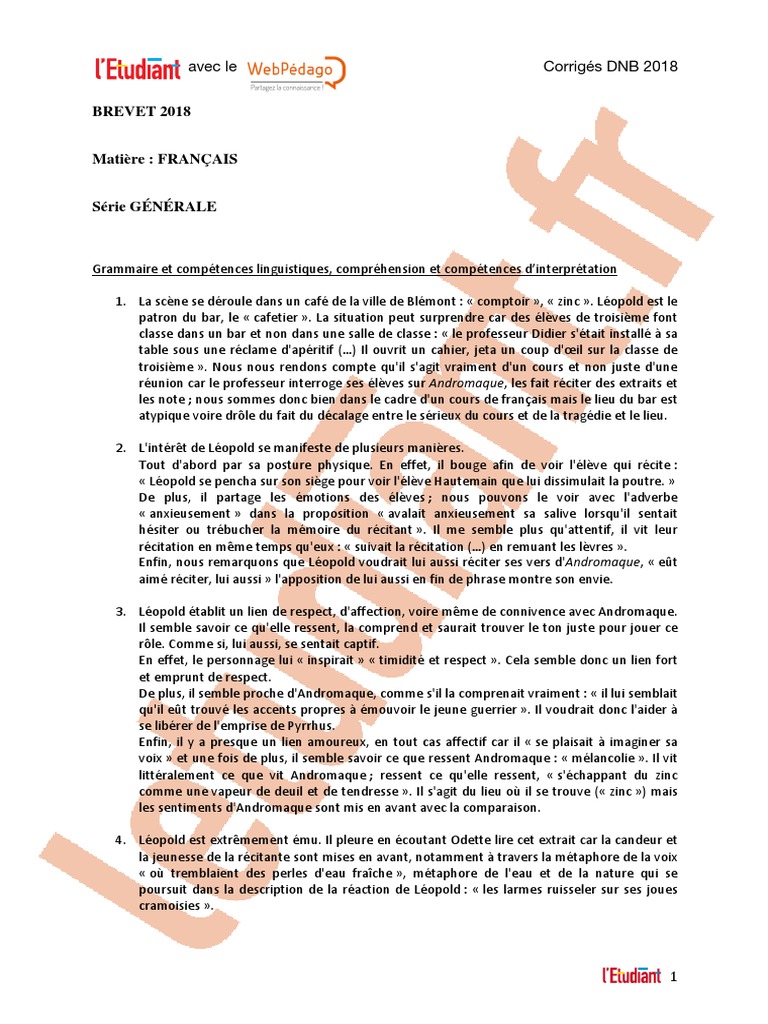 Sujet De Réflexion Corrigé Brevet Brevet 2018 CORRIGE FRANÇAIS | PDF