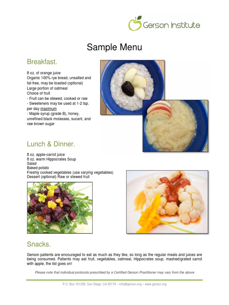 Gerson Therapy Sample Menu Guide | PDF