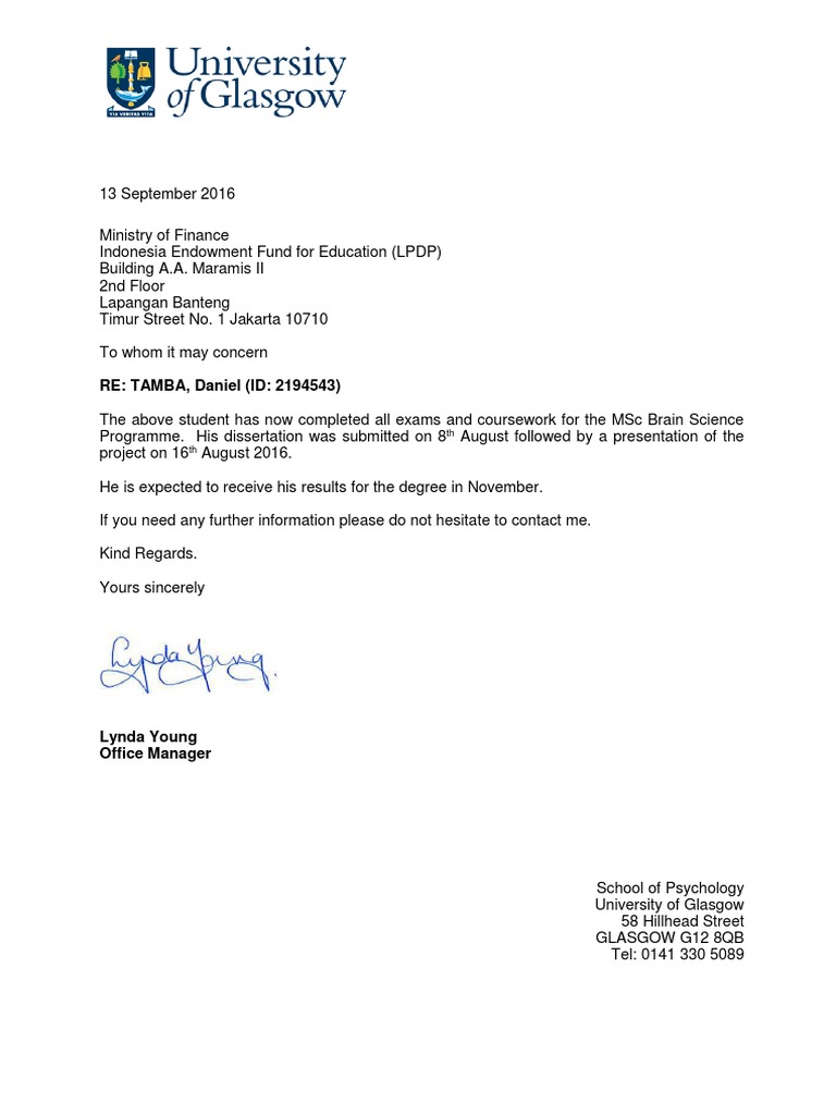 MSc Brain Science Completion Letter | PDF