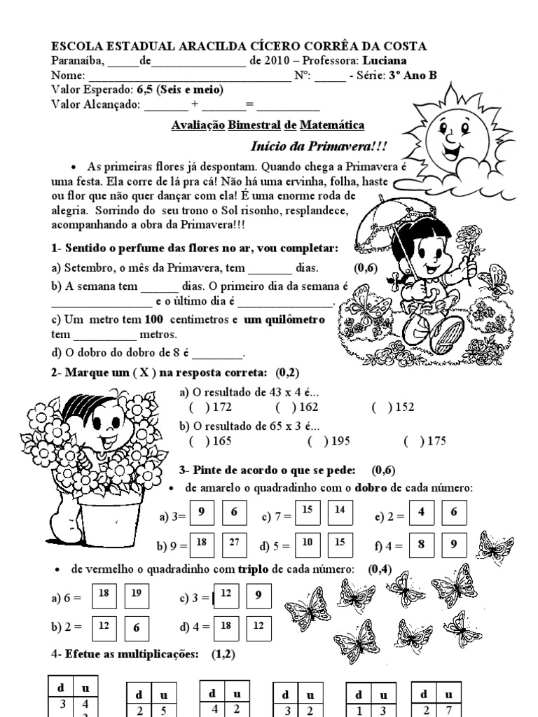 AVALIAÇÃO DE MATEMÁTICA 3º ANO - 4º BIMESTRE - ENSINO FUNDAMENTAL