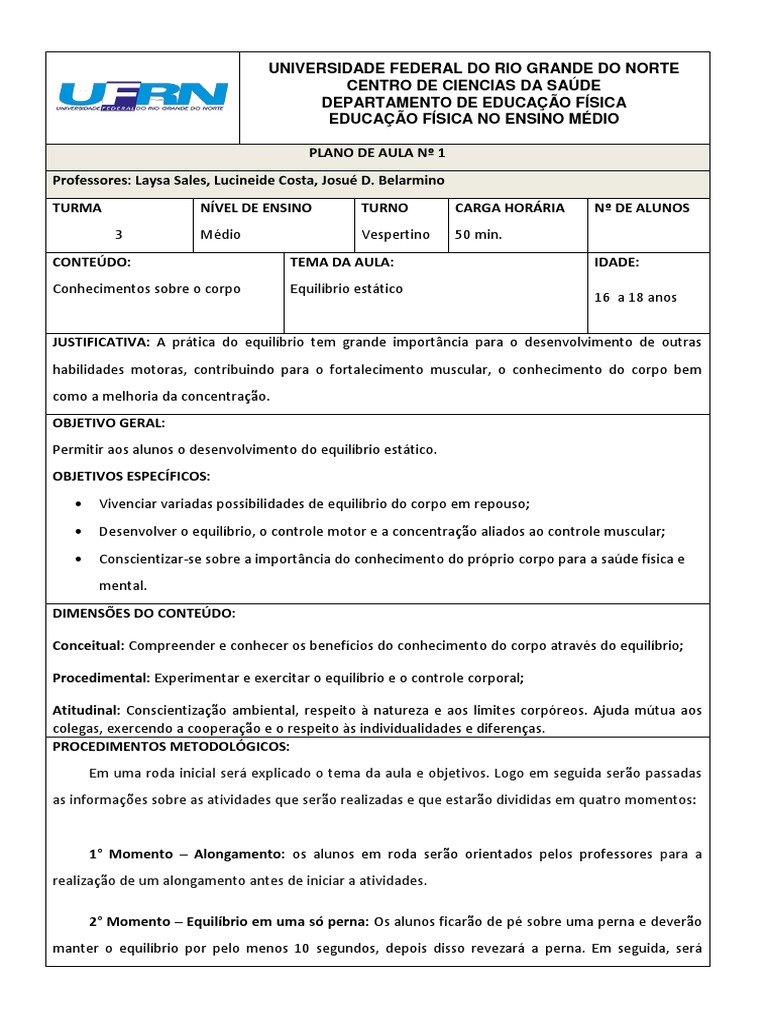 Plano de Aula 1 Ensino Medio | PDF | Física | Educação Física