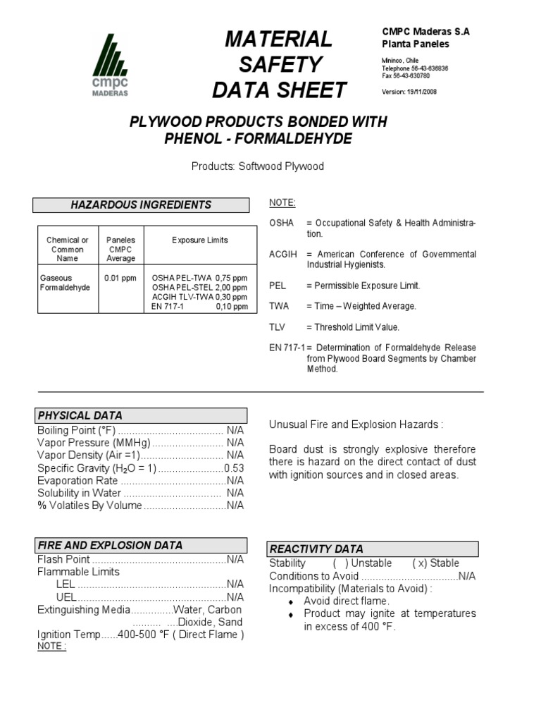 Msds CMPC Plywood PDF Formaldehyde Allergy