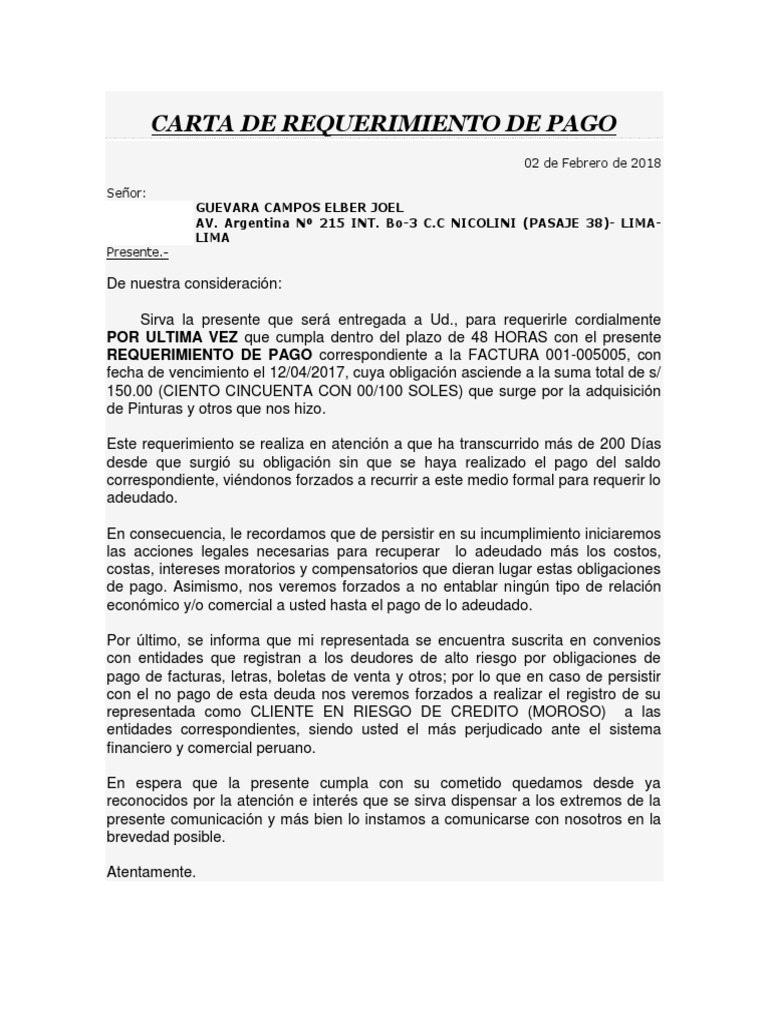 Carta Notarial de Requerimiento de Pago Clientes  Riesgo 