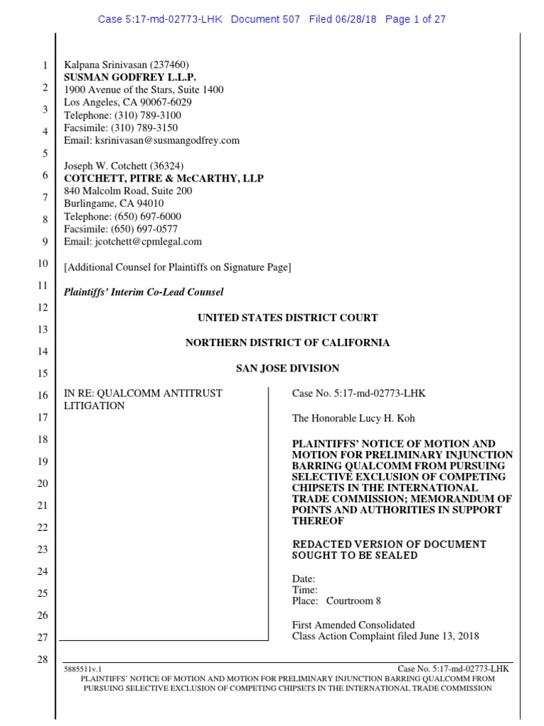 Motion For Preliminary Injunction Barring Qualcomm From Pursuing ...